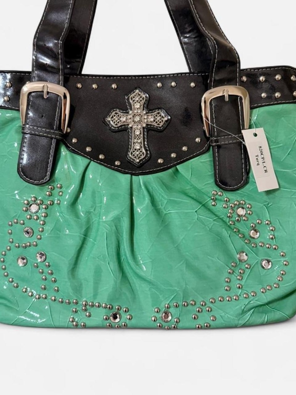 Vintage Y2K Deadstock Turquoise Faux Leather Cross Rhinestone Mcbling Purse - Picture 2 of 8
